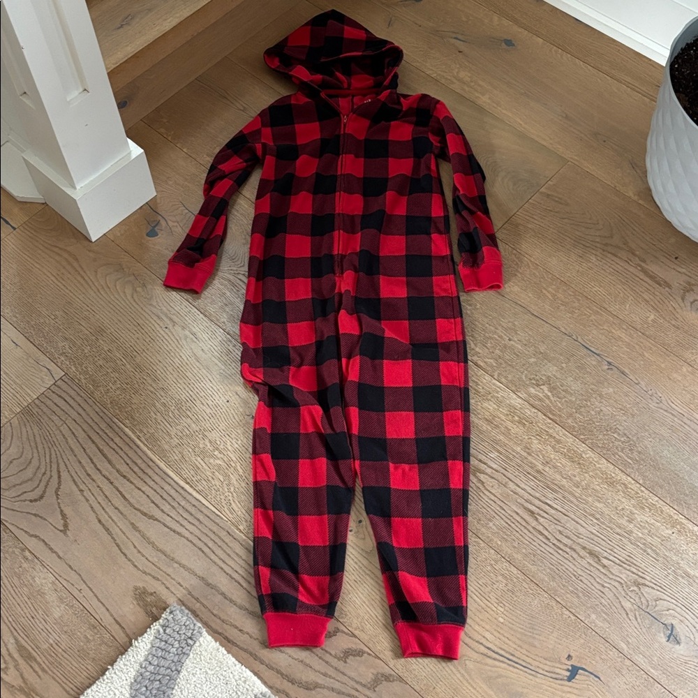 GAP kids unisex large Christmas PJs, red and black plaid fleece onesie